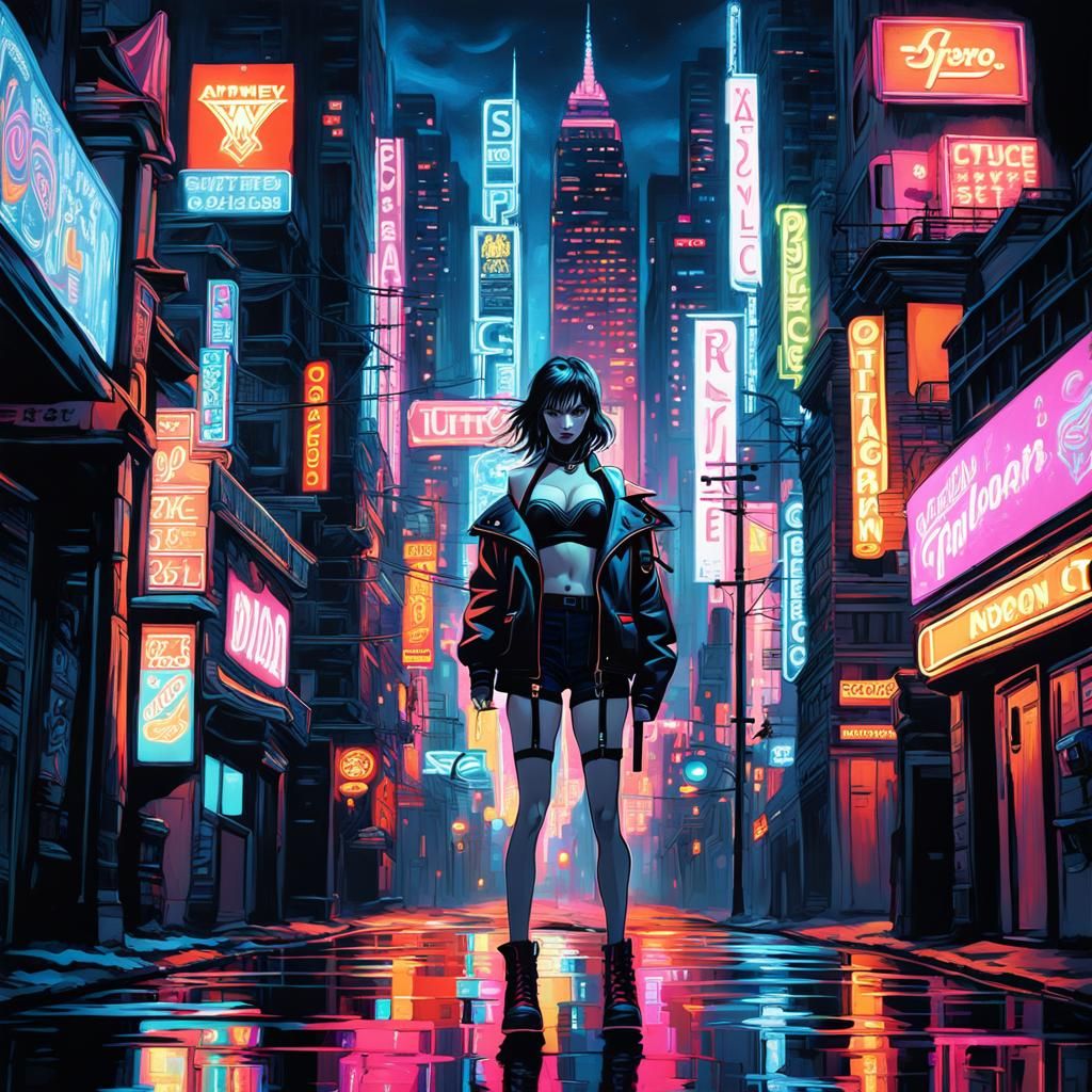 Tomboy Anime Girl in Neon City: Digital Painting