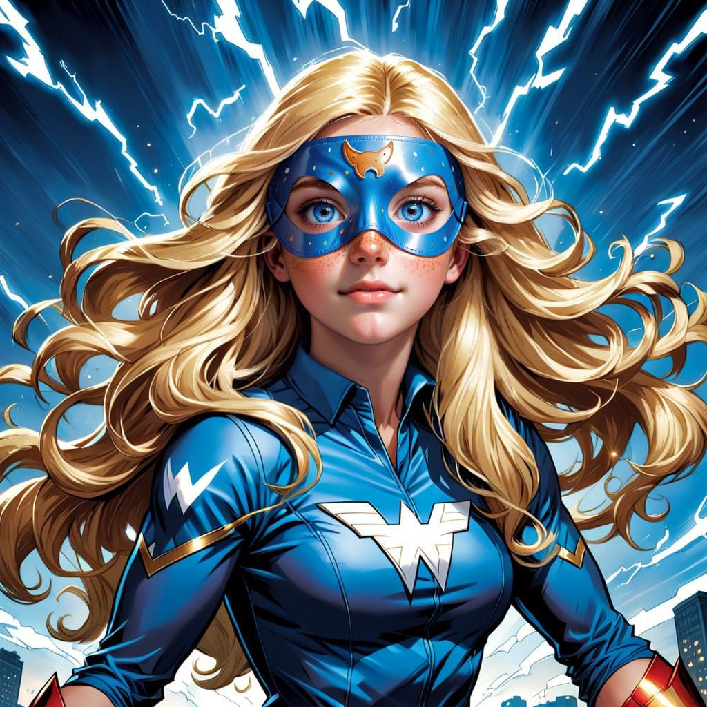 Wonderful Superheroine in a Bright Lightening Bolt Backgroun...