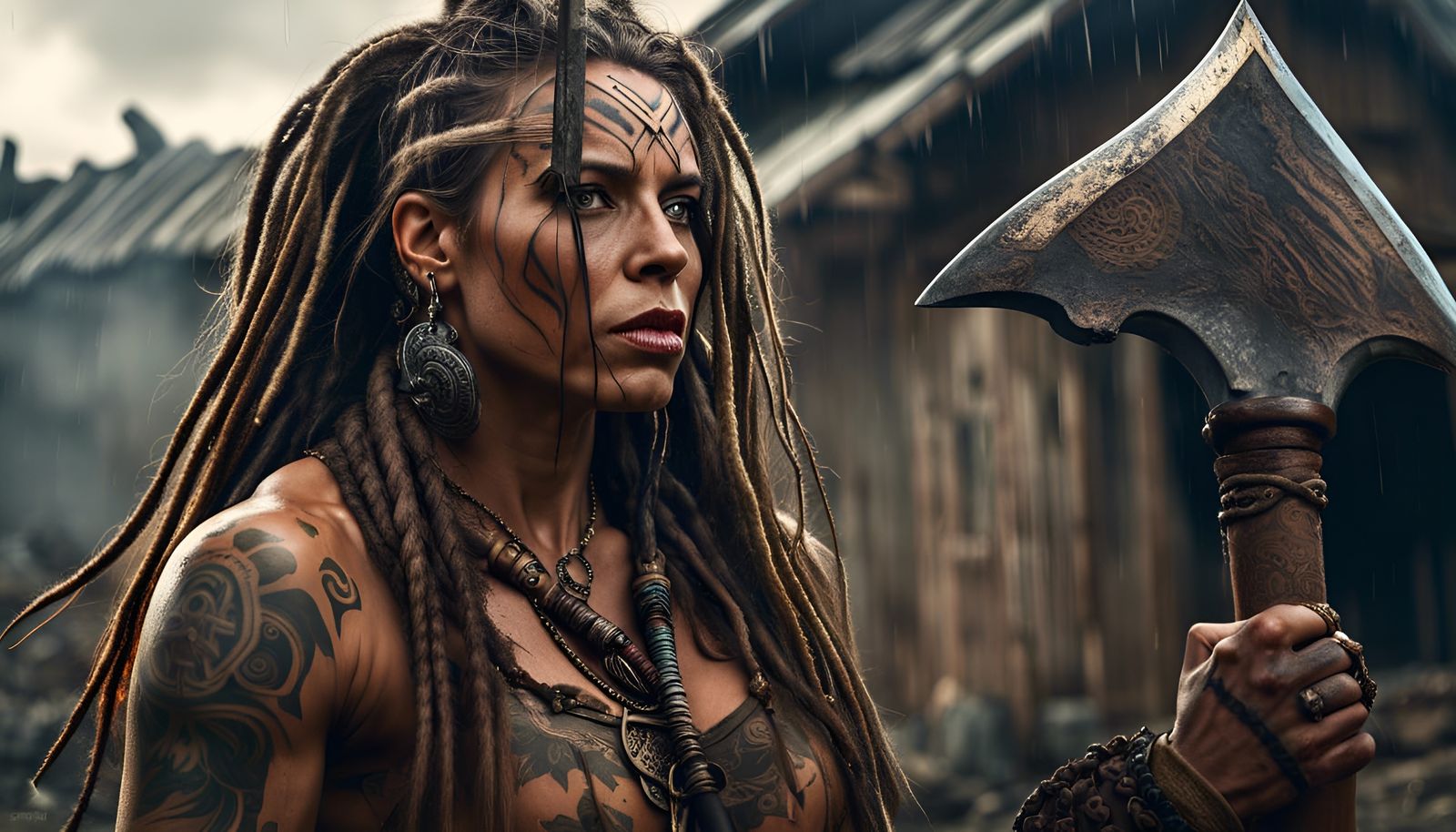 Brutal Barbarian Woman with Axe in Dark Fantasy Style