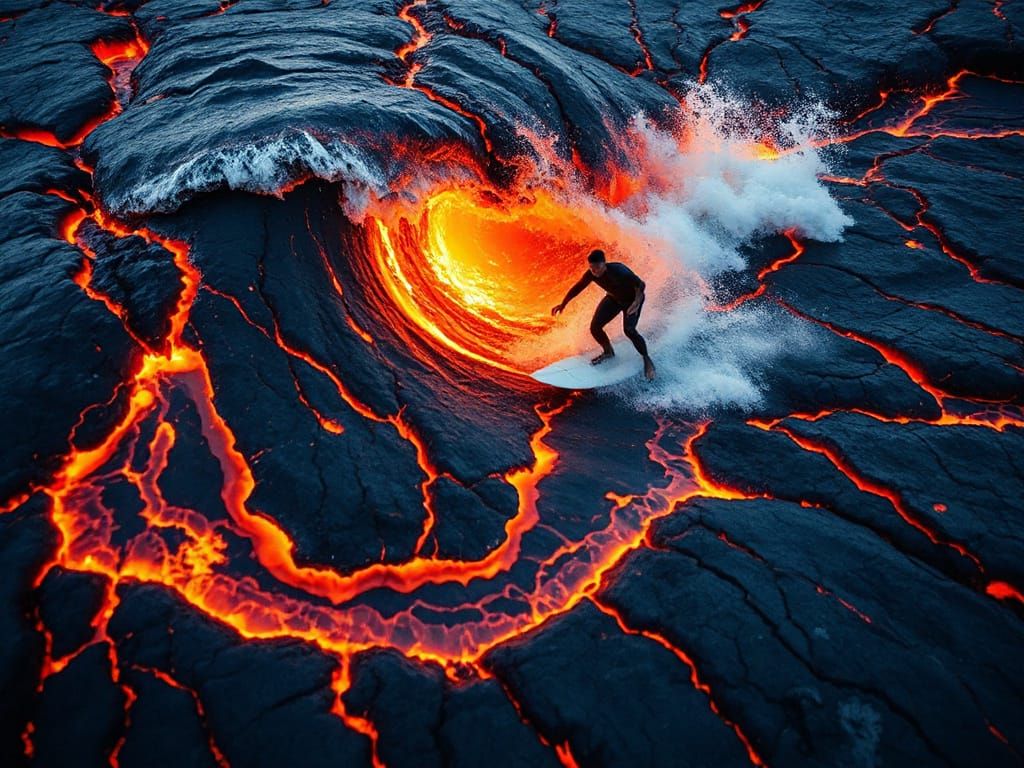 Surfer Rides Wave of Molten Lava
