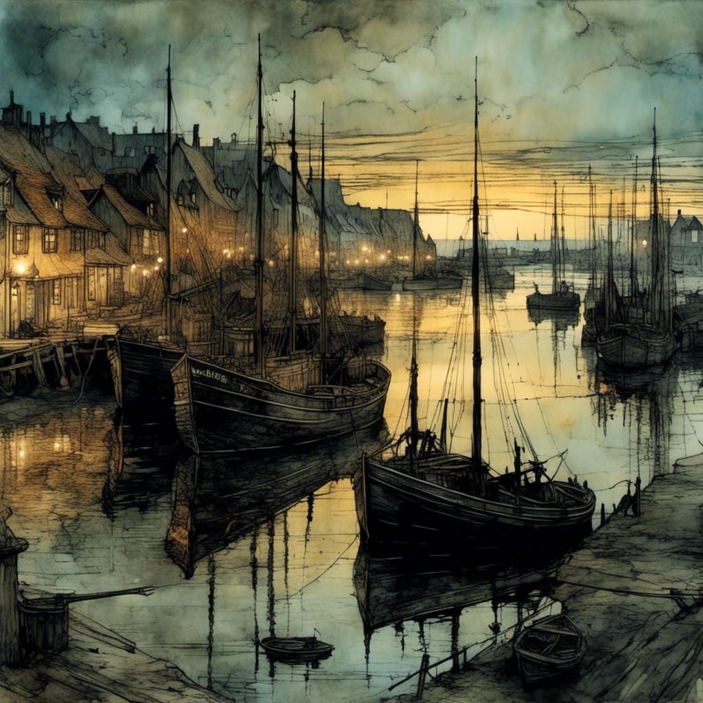 Danish Harbor at Dusk: Rackham, Griffiths, Friedrich Style
