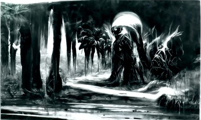 Crying Onna-musha in Dark Forest Charcoal Drawing
