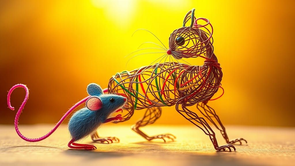 Rainbow Mice Meet Wire Cat: A Pop Surrealist Dream