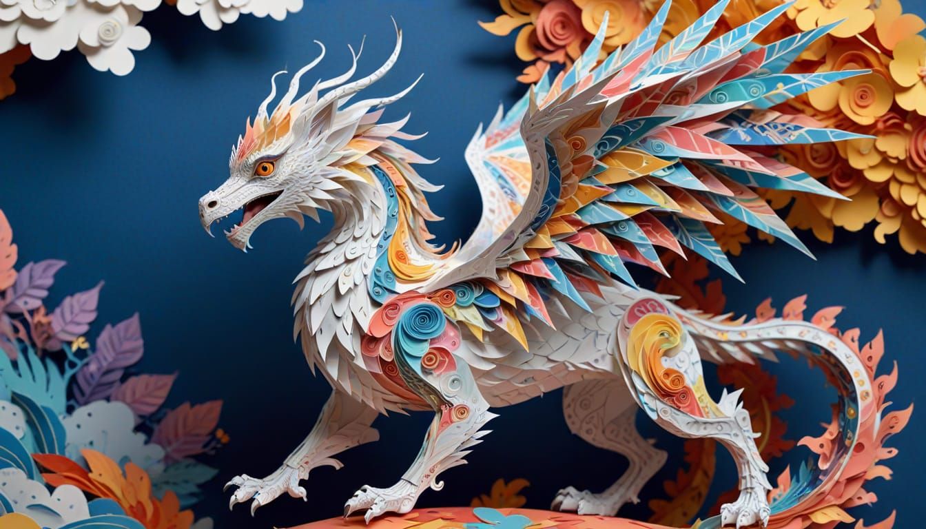 Paper Sculpture Dragon Soars in Swirling Sky