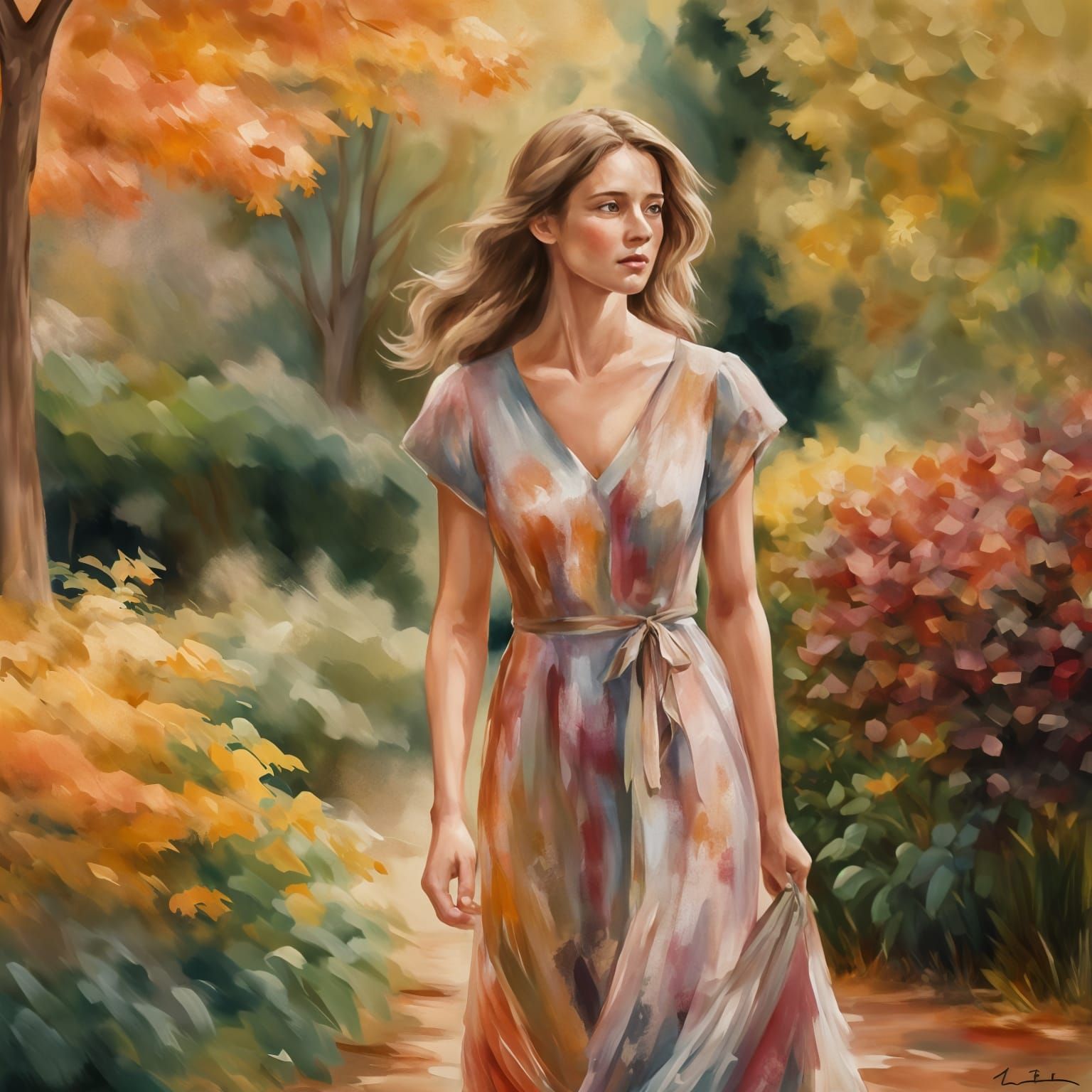 Impressionistic Woman in Autumn Garden Portrait