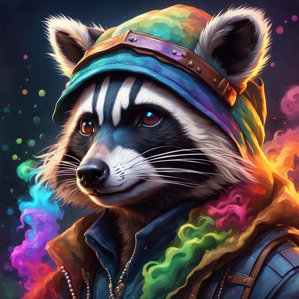 Raccoon Portrait with Rainbow Smoke, Detailed Digital Art
