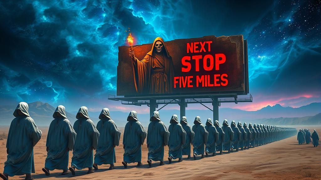 Monks Journeying Past Desert Billboard in Digital Matte Pain...
