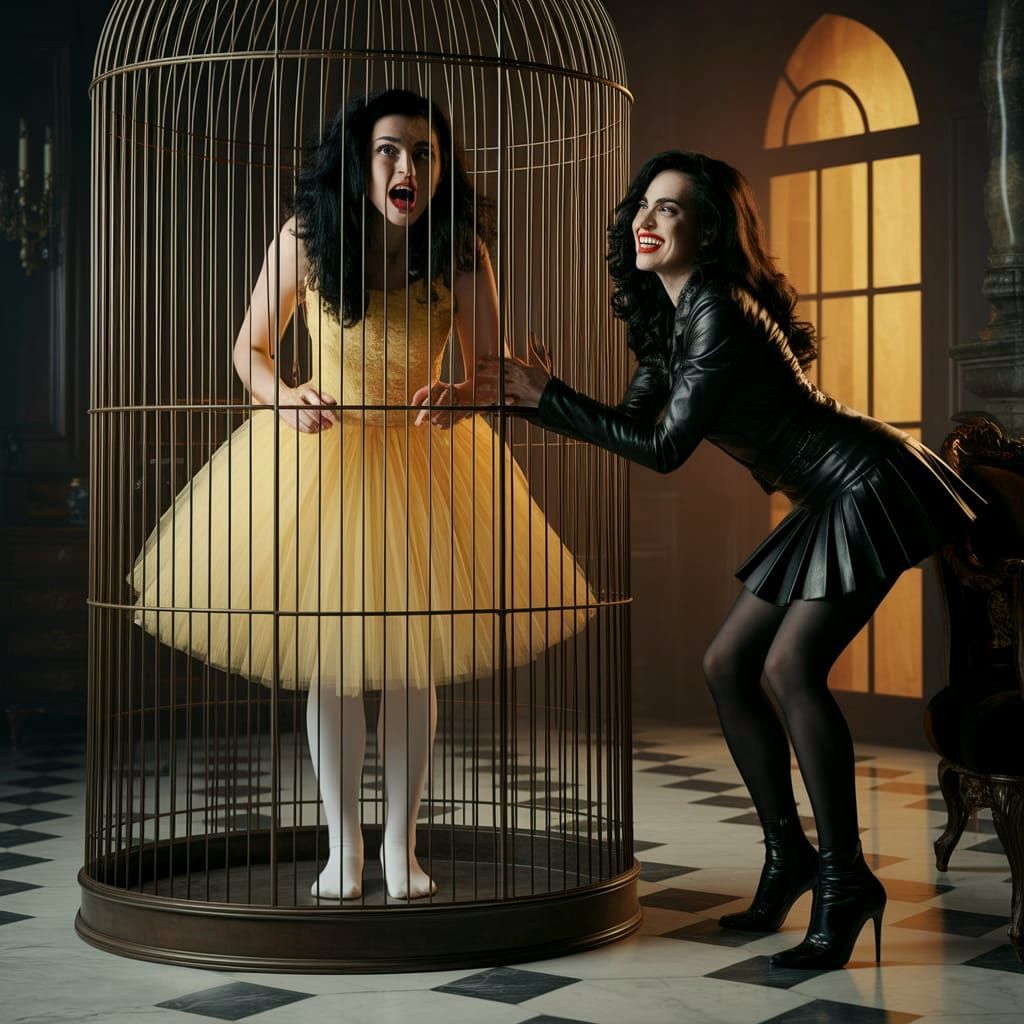 Victorian Woman Trapped in Birdcage by Sinister Figure