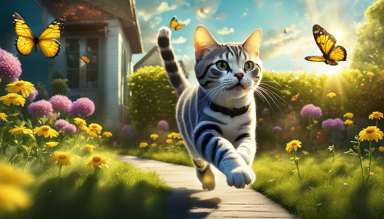 American Shorthair Cat Chasing Butterfly in Sunny Garden