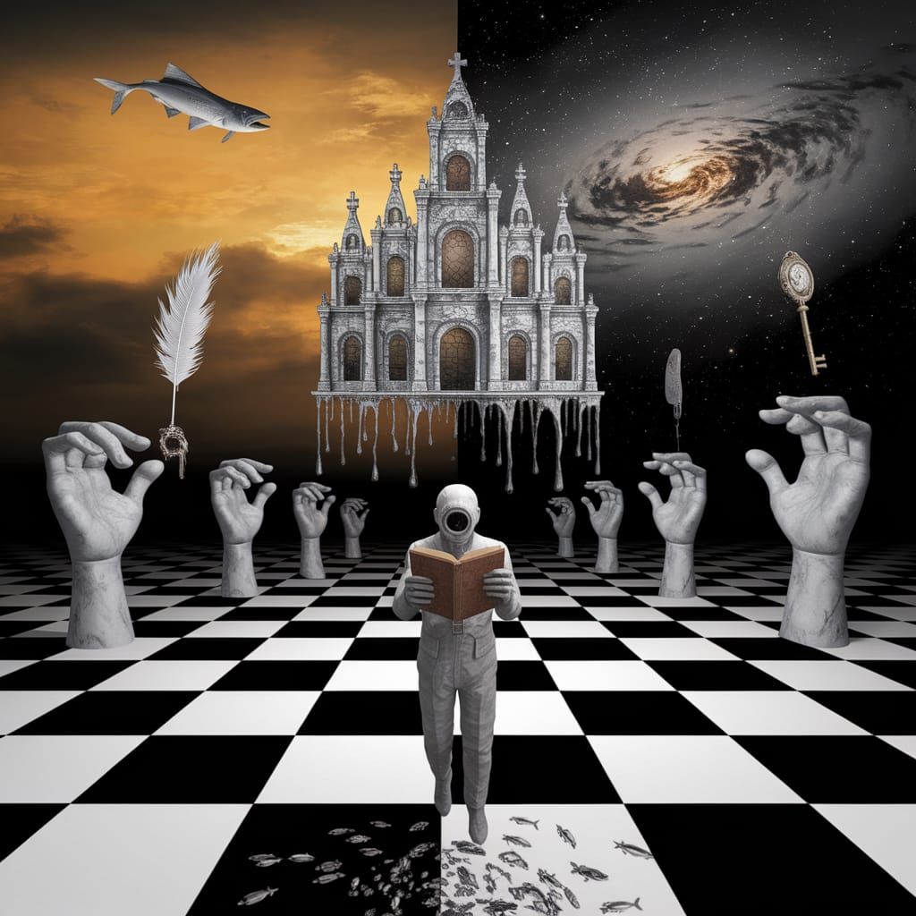 Create a unique, award-winning surreal image that distorts reality into an unsettling yet mesmerizing dreamscape. A vast...
