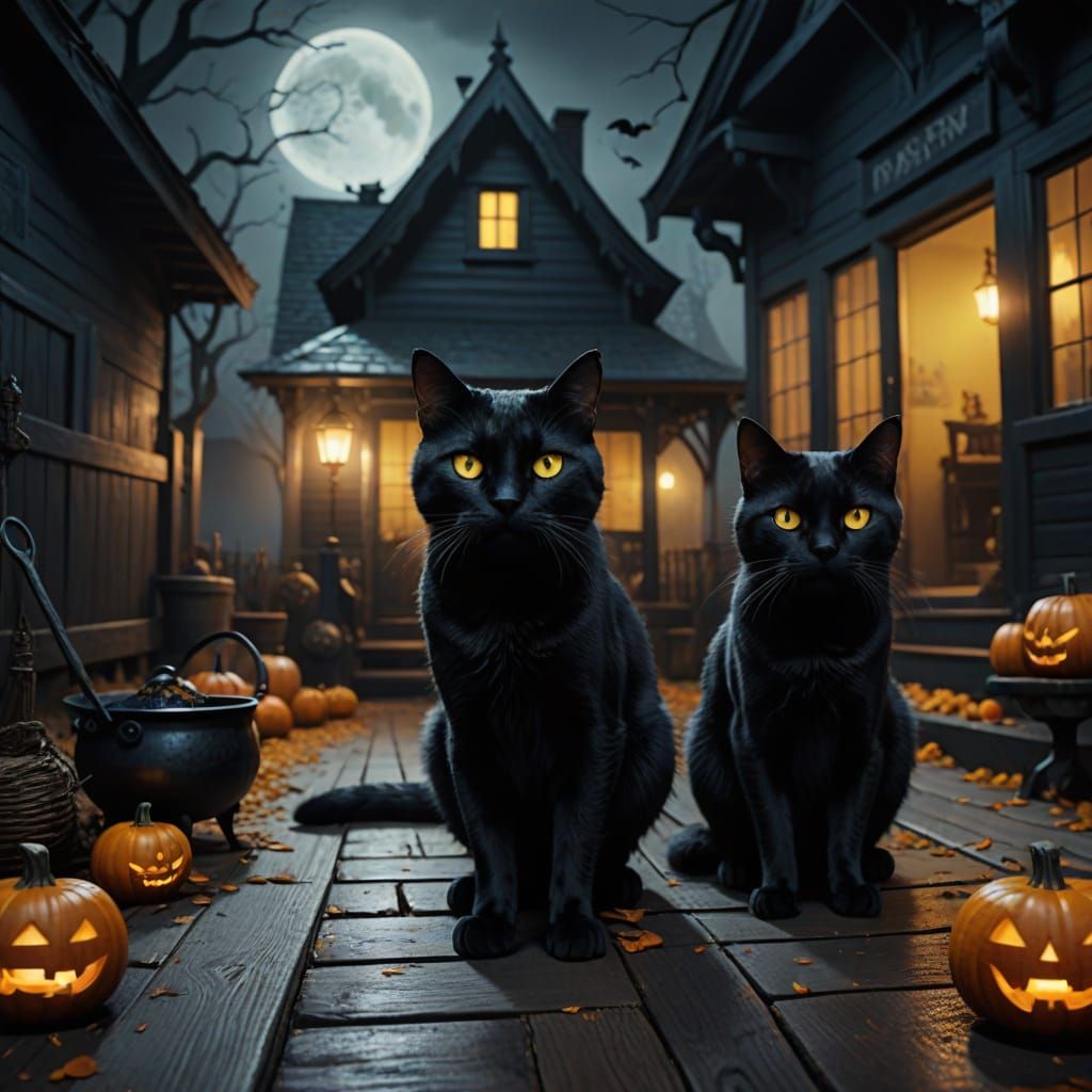 Two Black Cats With Yellow Eyes in Eerie Halloween Scene
