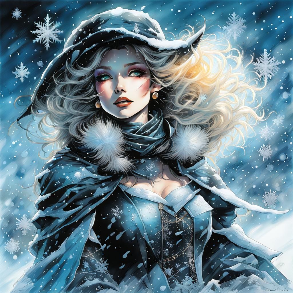 Airbrush Art: Happy Witch Floats Over Snowy Dawn