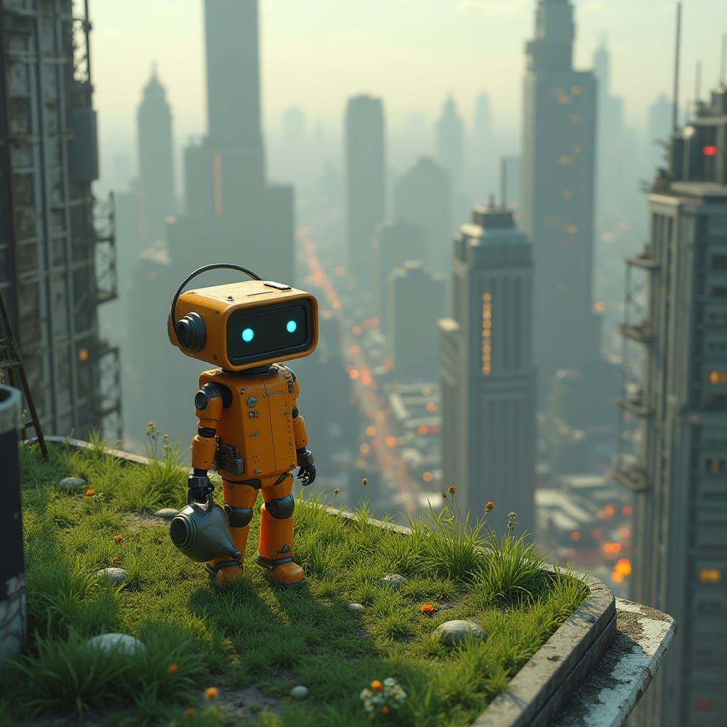 Cyberpunk Oasis Amidst Gray Skyscrapers