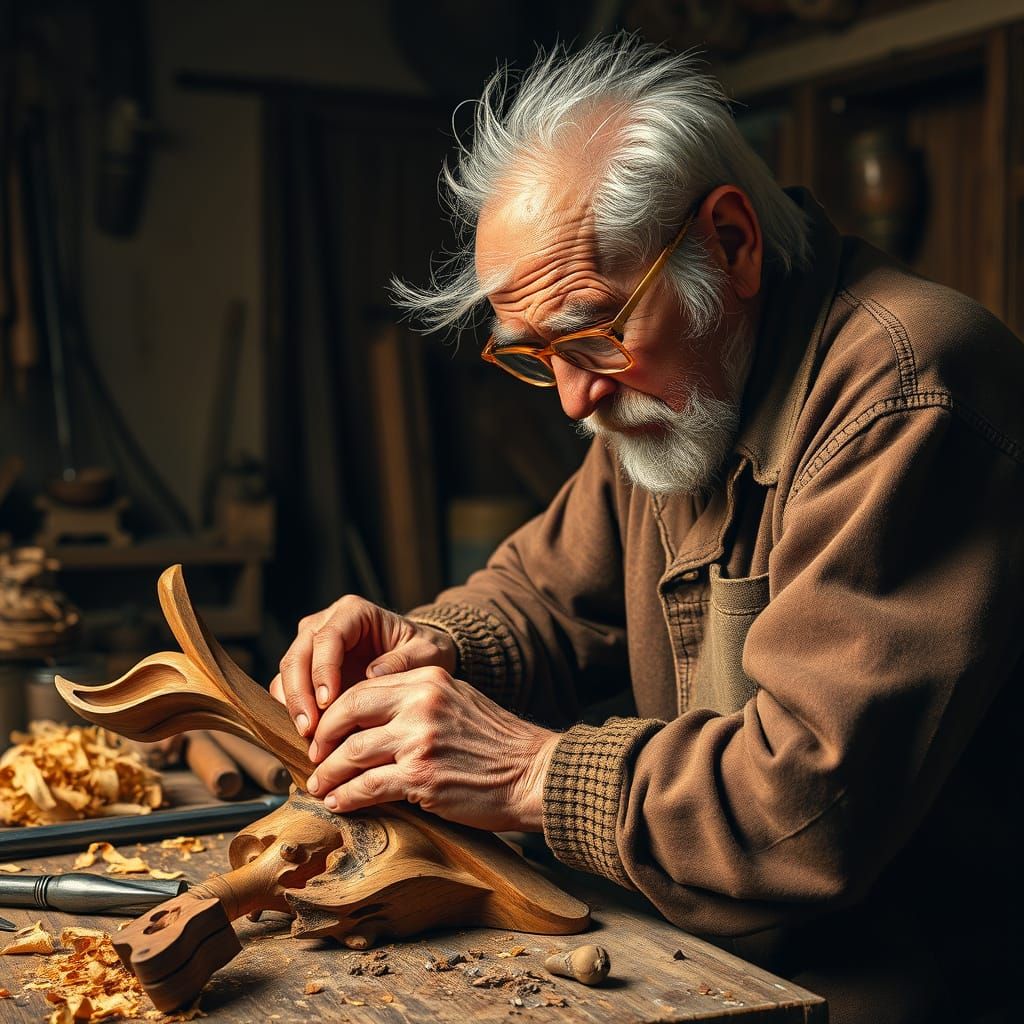 Elderly Woodcarver in Hyper-Realistic Style