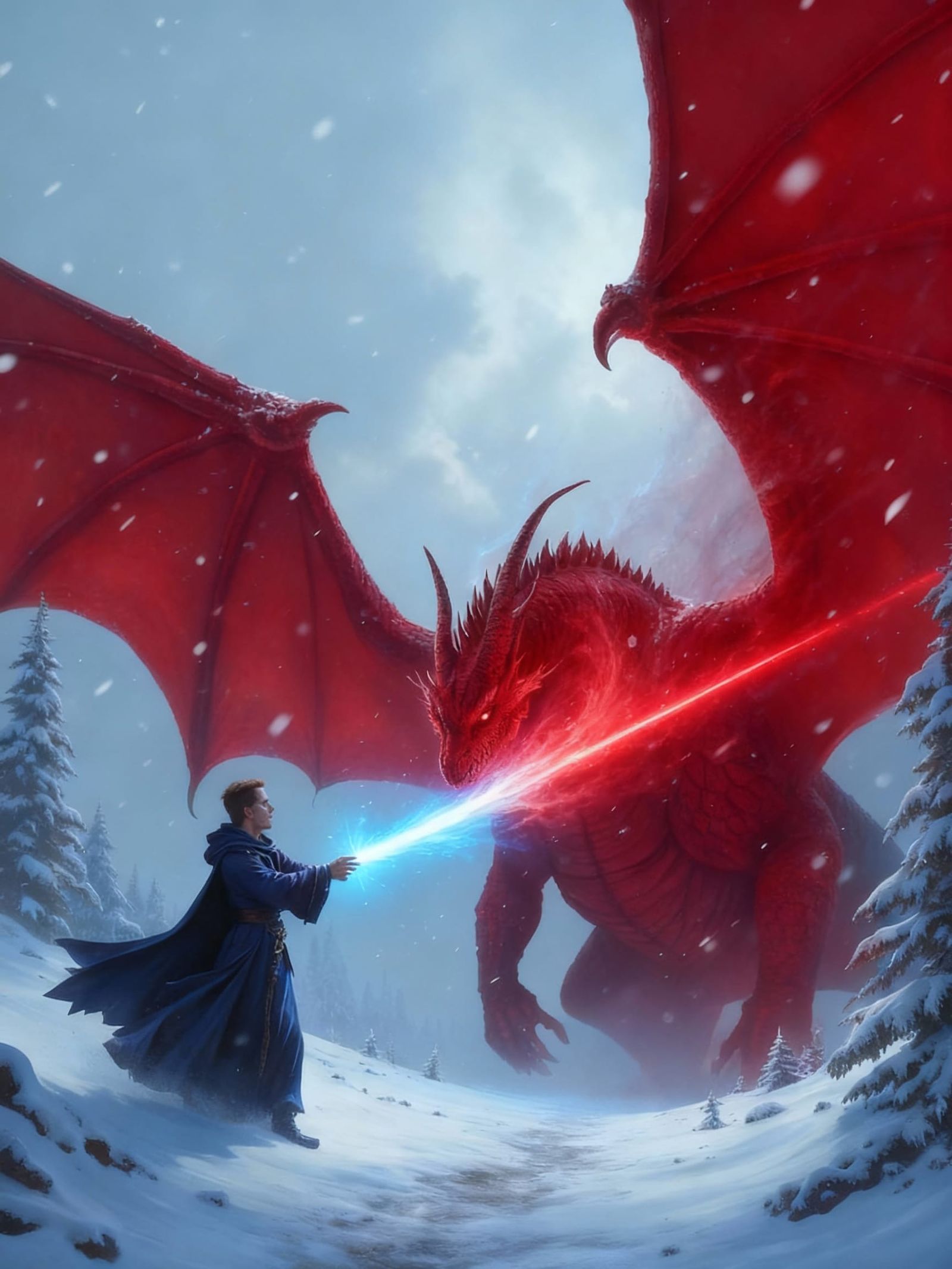 Wizard Casts Spell at Dragon in Snowy Landscape