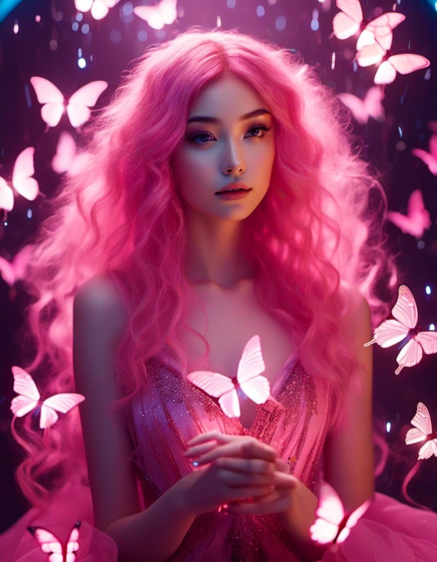 a girl with glowing deep pink hair and glowing pink eyes. sh...