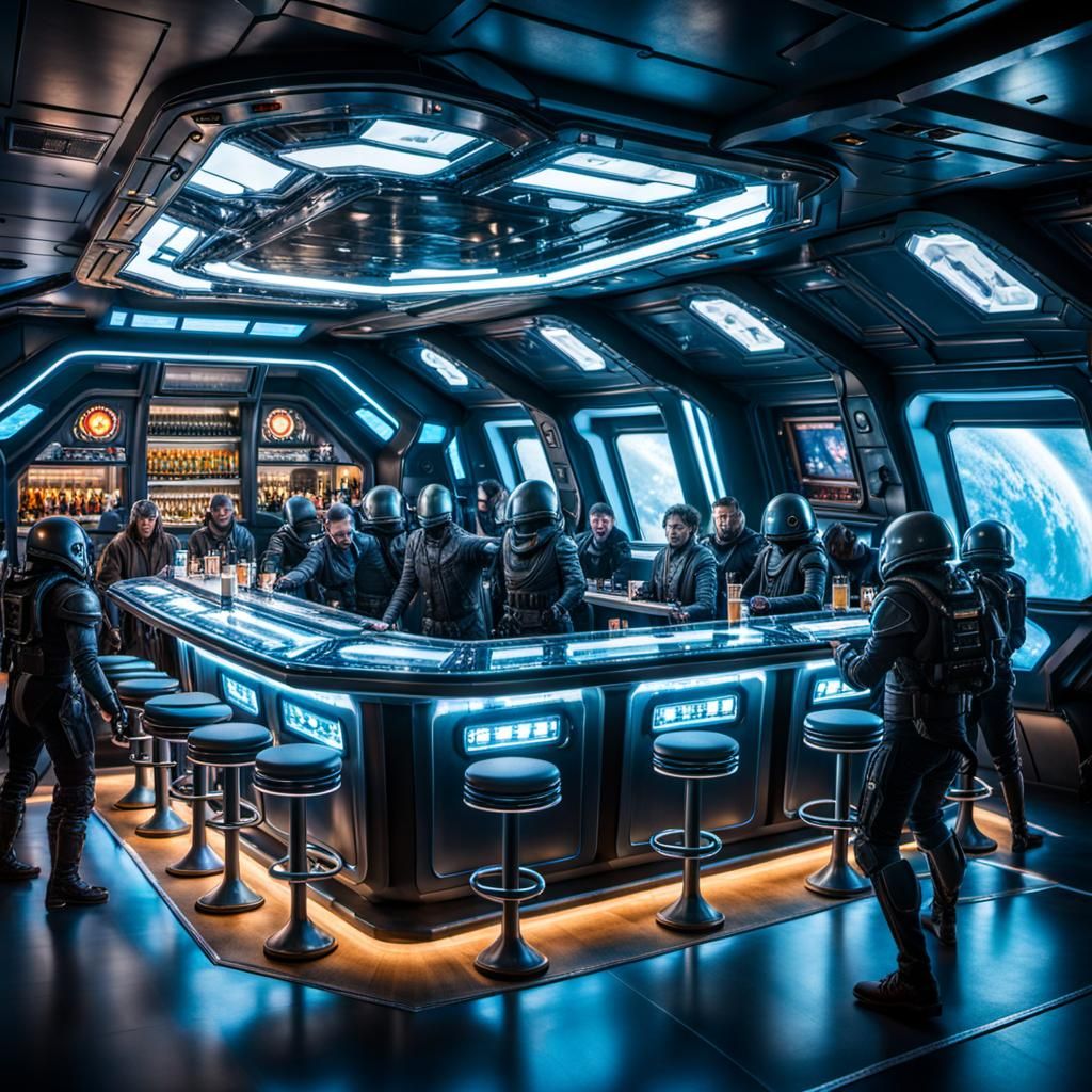 Crowded Sci-Fi Zero-G Bar with Aliens