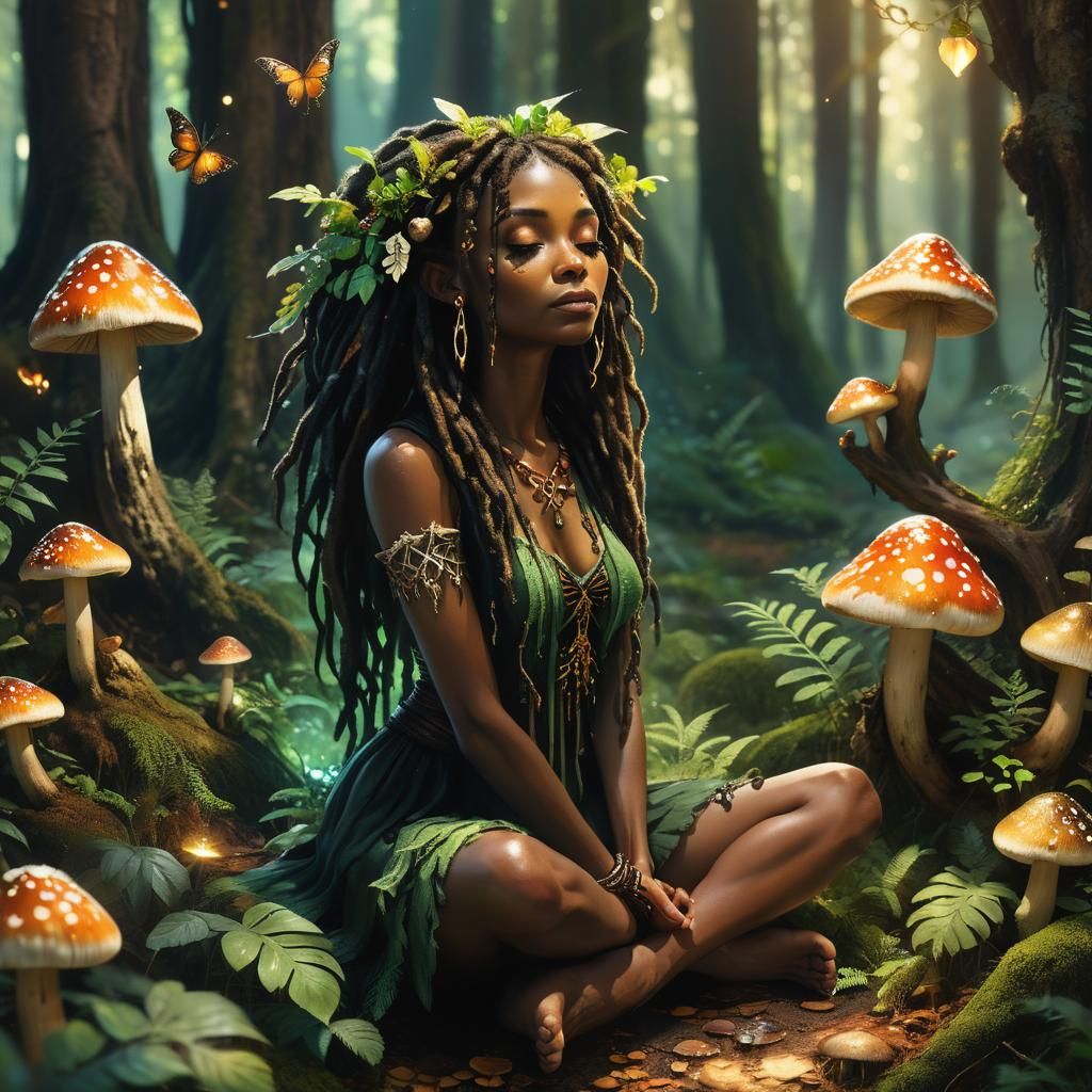 Black Fae Meditates in Magical Forest Concept Art