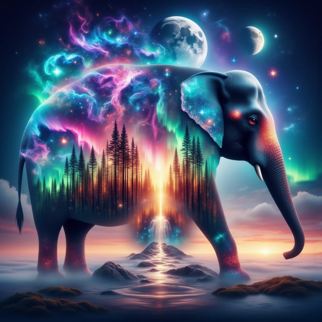 Majestic Elephant Double Exposure Fantasy Art