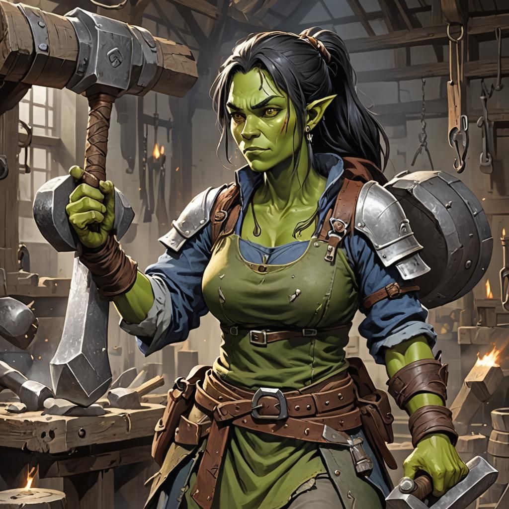 Female Orc Blacksmith with Magic Hammer in Anime Style