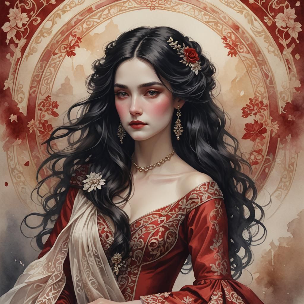 Elegant Woman in Red Gown: Watercolor Digital Art