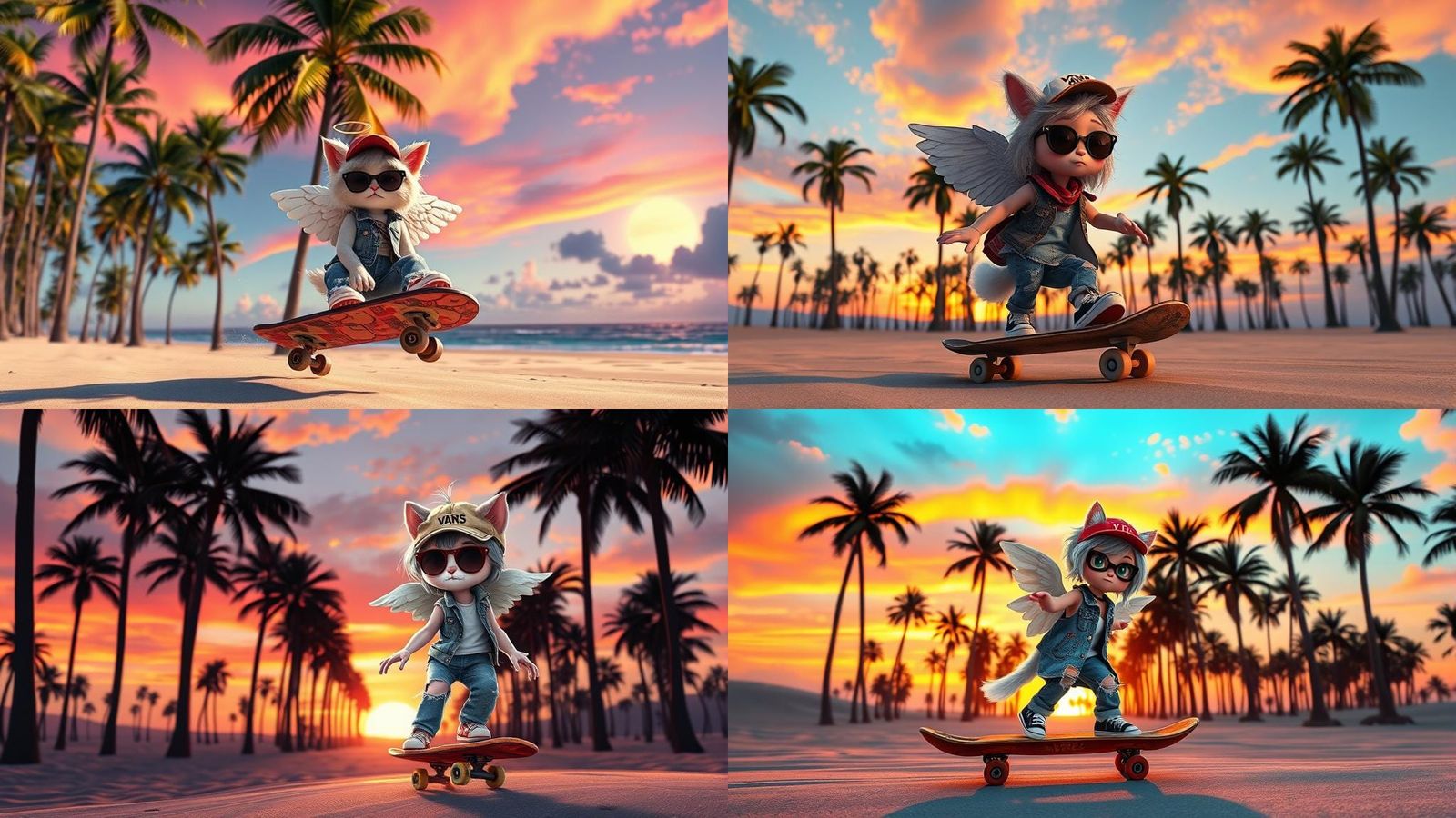Surreal Rag Doll Cat Rides Skateboard in Sunset Paradise