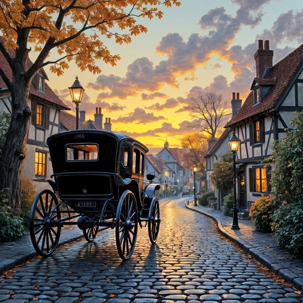 An old black 1900's carriage in a cobbled street with candle...