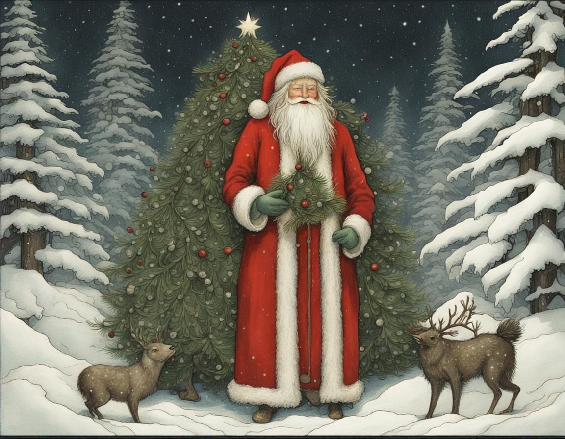 Santa Claus with Christmas Tree in Illustration Style