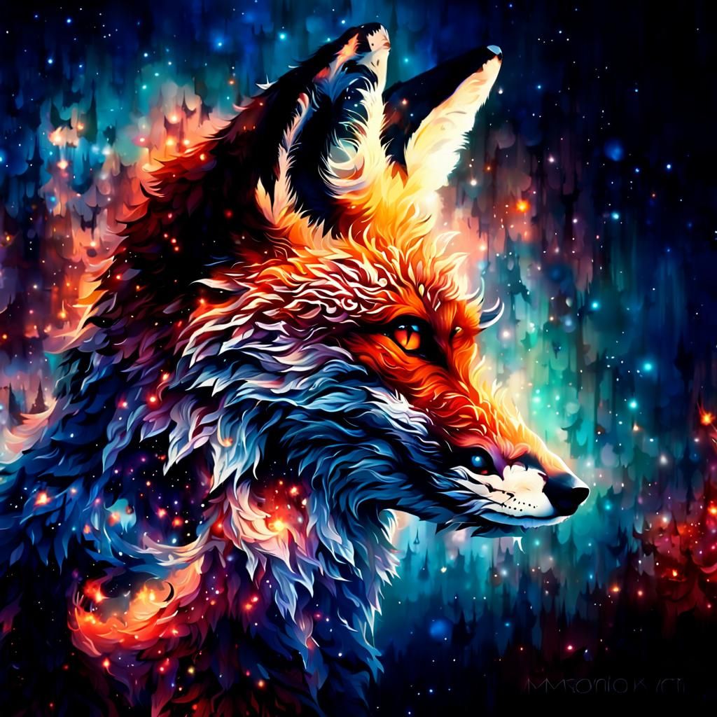 Fox Silhouette Galaxy Double Exposure in Dark Art Style