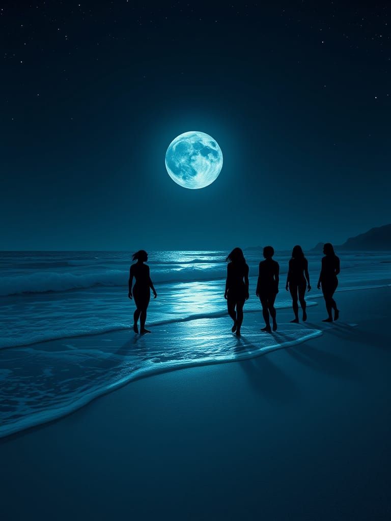 Night Beach with Bioluminescent Waves and Tribal Designs