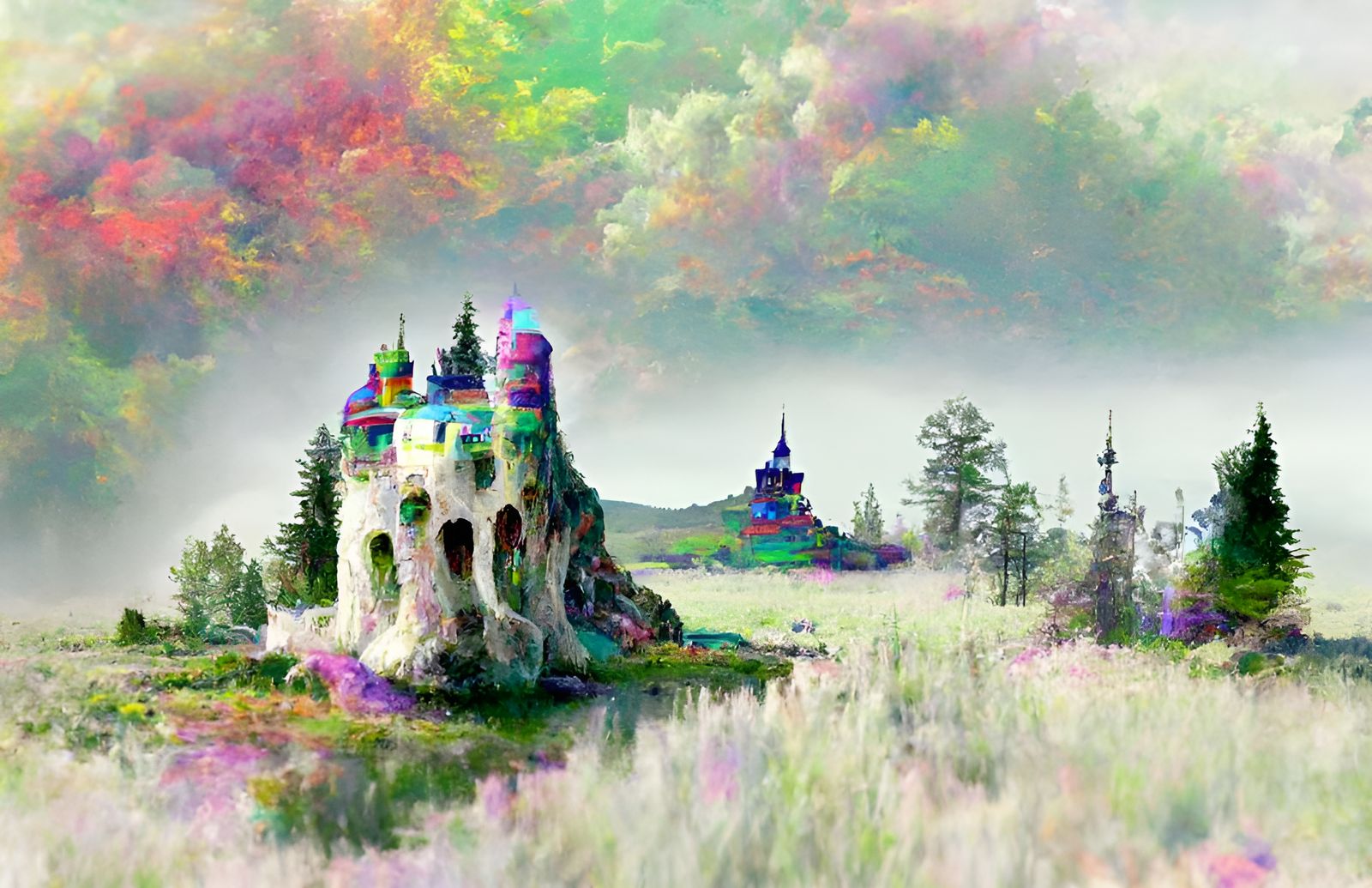 Psychedelic Fantasy Castle Landscape in Digital Art Style