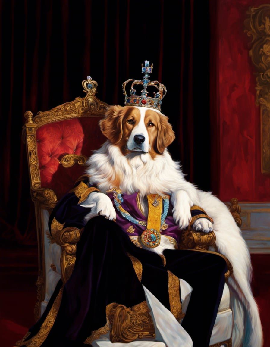 Hyperrealistic King Dog on Throne as Oil Painting