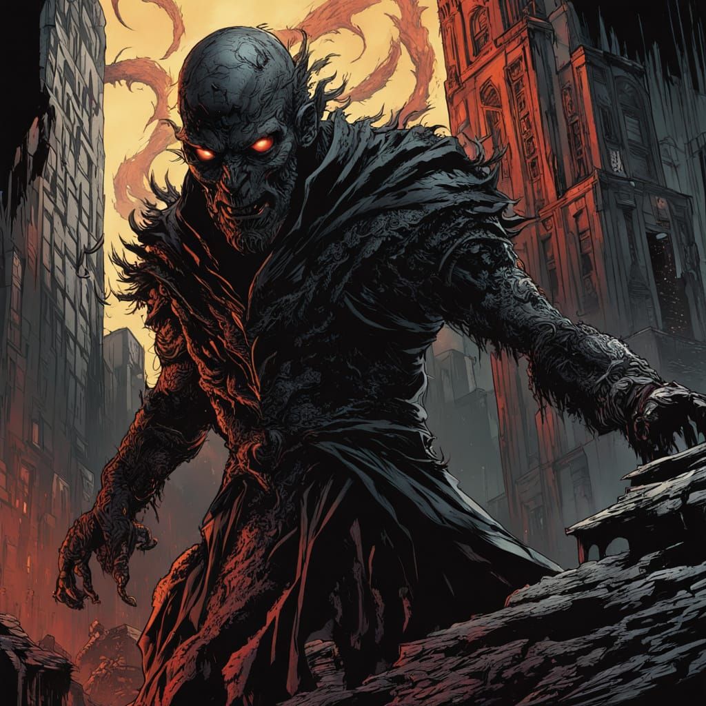 Colossal Shadow Lord Over Cityscape: Cinematic Dark Fantasy