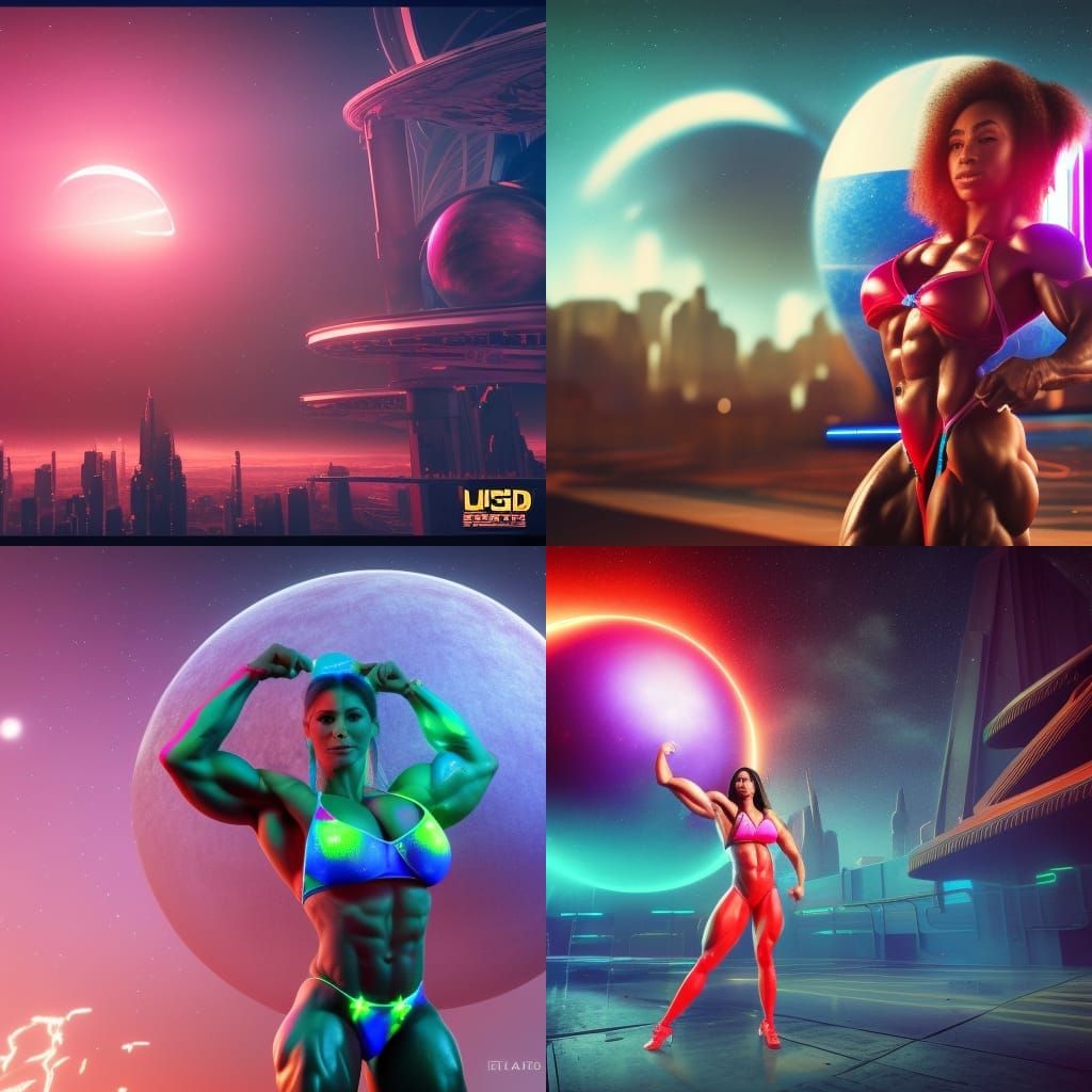 Female Bodybuilder Flexing Under Neon Lights