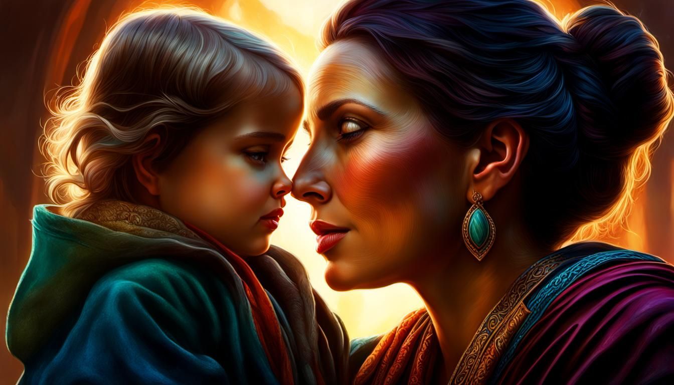 Mother and Child Portrait in Hyperrealistic Splash Art