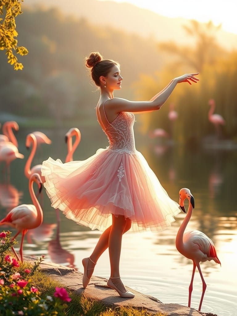 Ballerina and Flamingos in Dreamlike Landscape