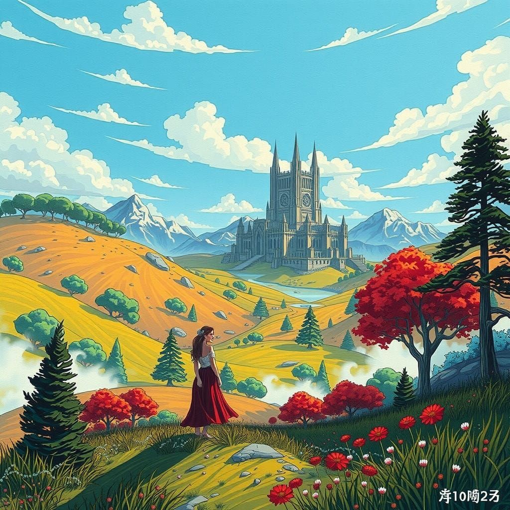 Ethereal Fantasy Landscape with Elegant Woman