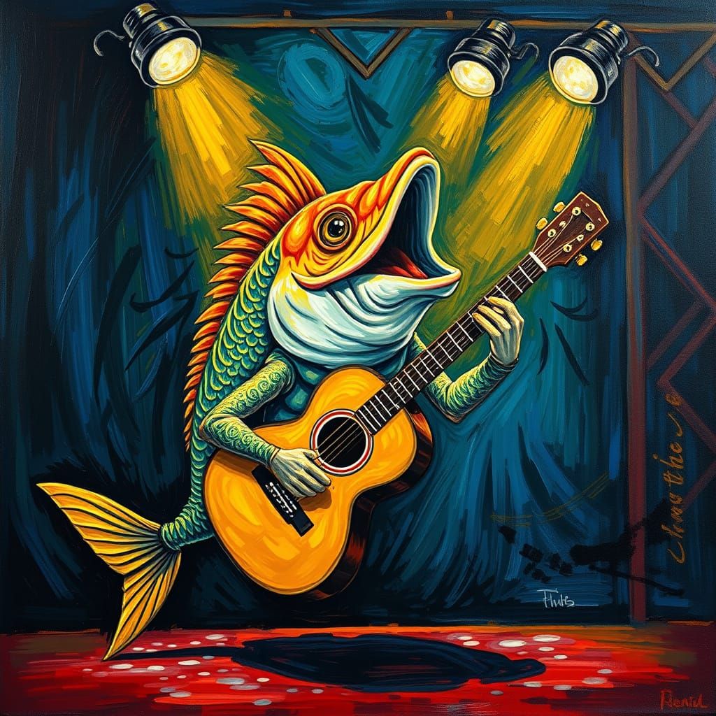 Van Gogh Style Fish Plays Guitar on Stage