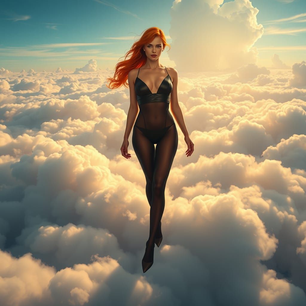 Redhead Woman on Clouds in Hyperrealistic Style