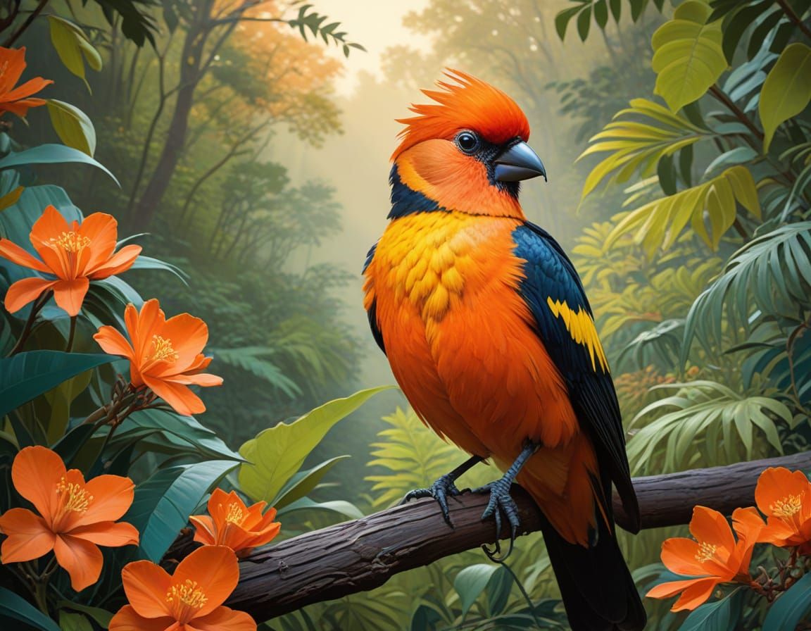 Iridescent Orange Bird Portrait as Impasto Painting