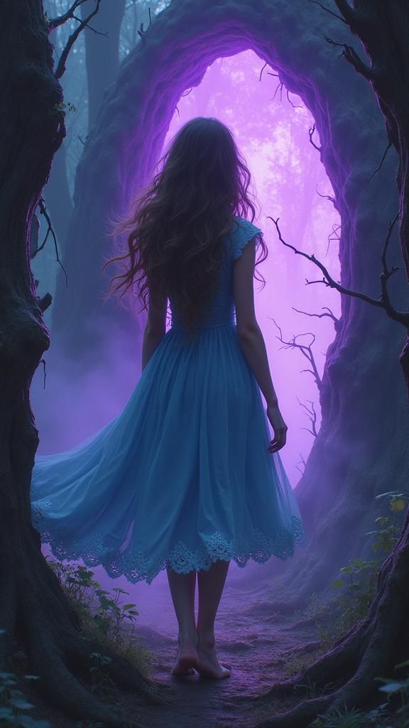 Woman Approaches a Purple Portal in the Forest