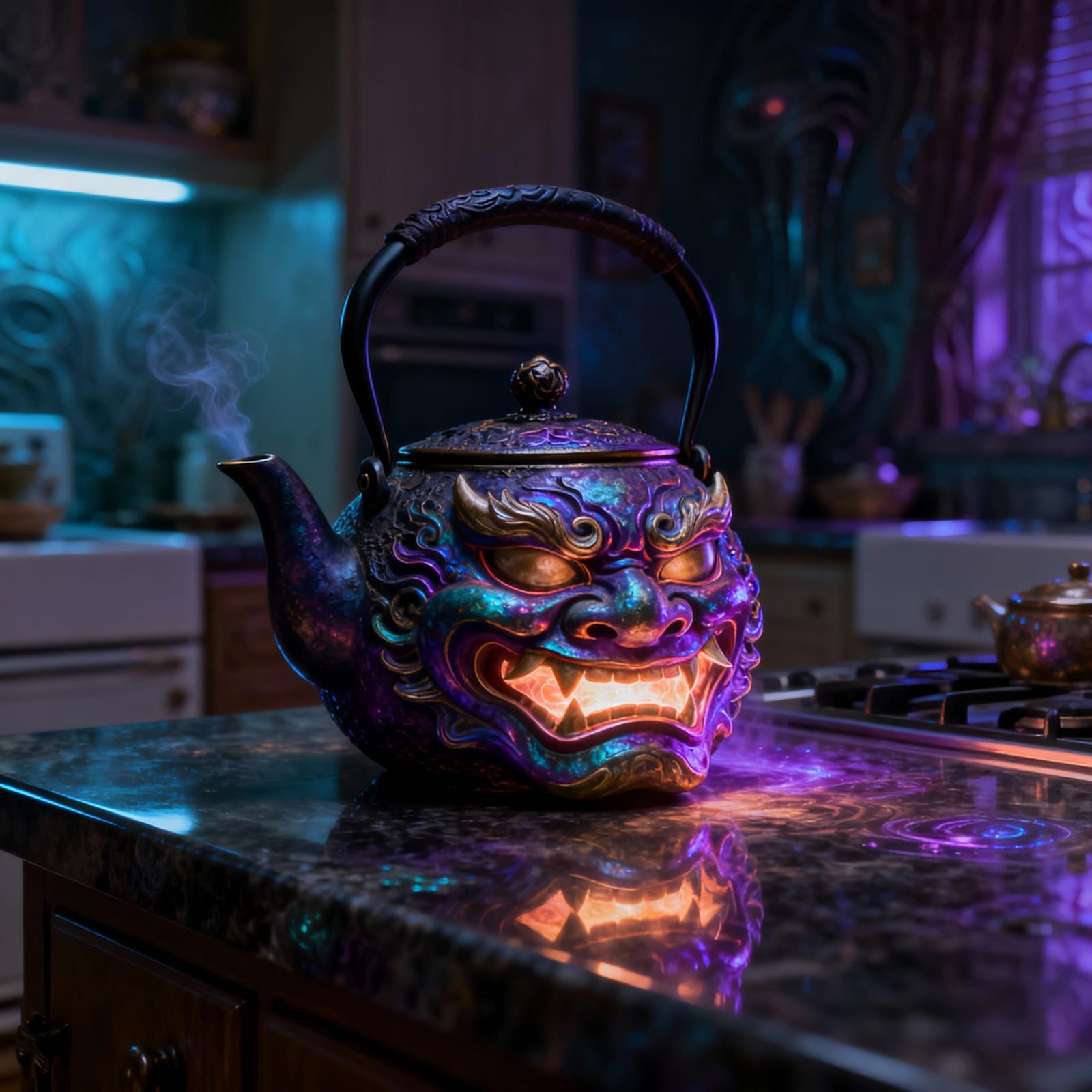 Oni Mask Teapot on Kitchen Counter in Dramatic Light