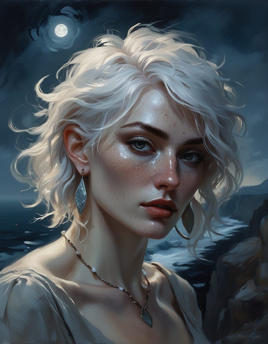 Elf Portrait: Impressionist Painting of Night Cliff Scene