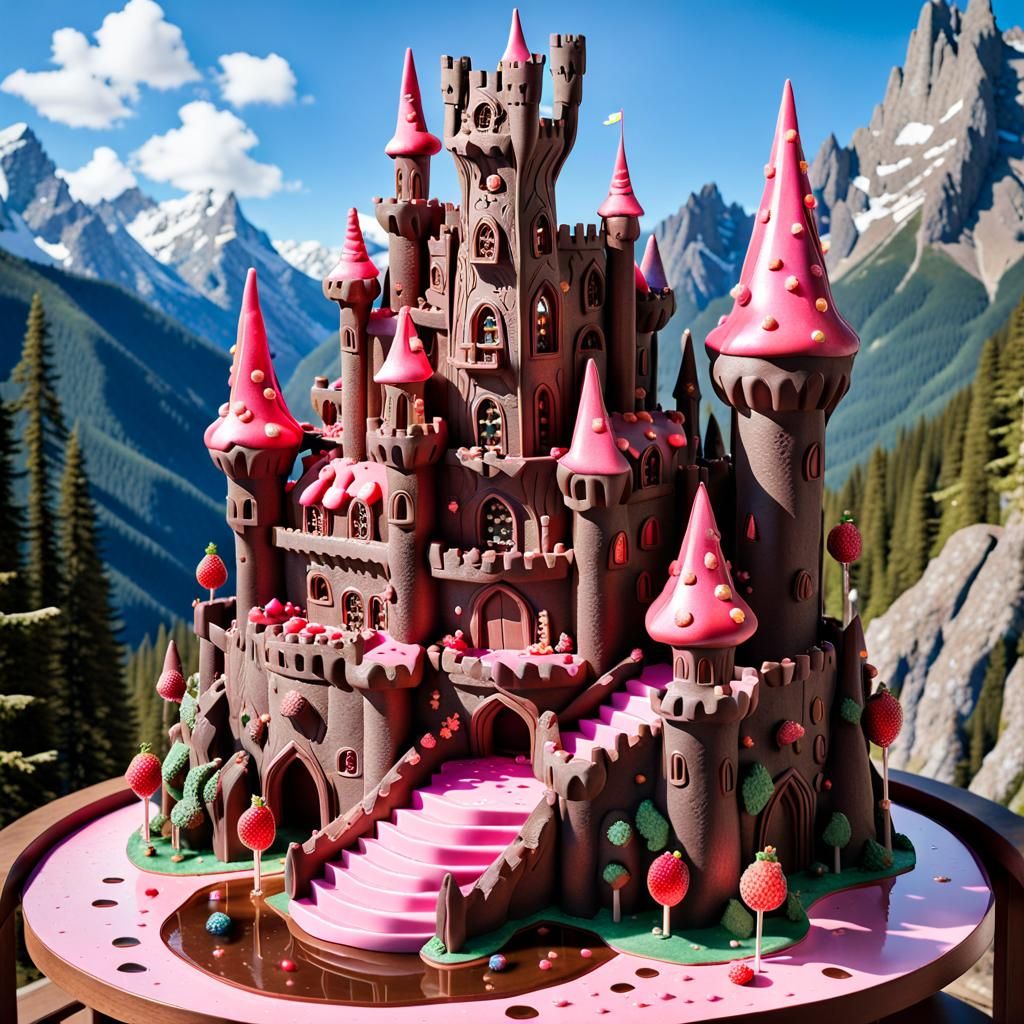 Mystical Chocolate Castle with Strawberry Roofs