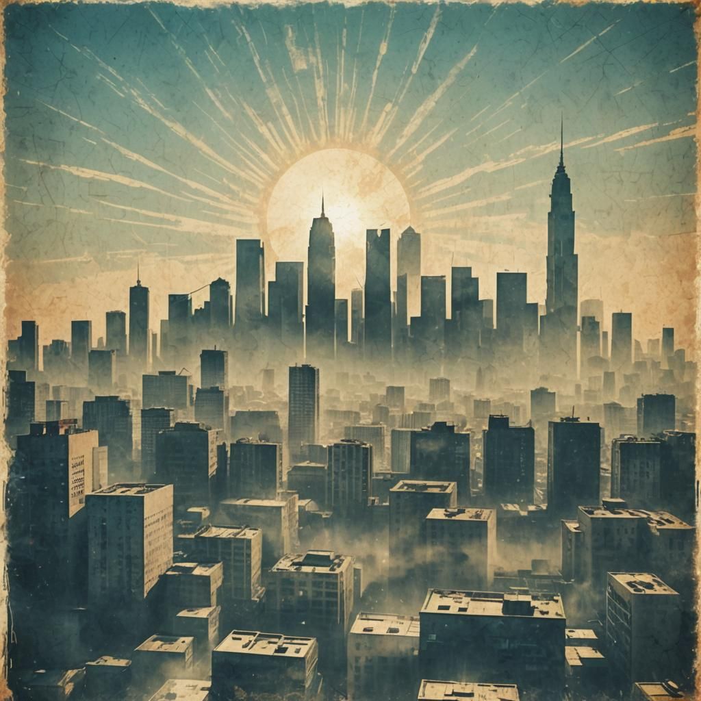 Afrofuturist City Skyline Art in Grunge Style