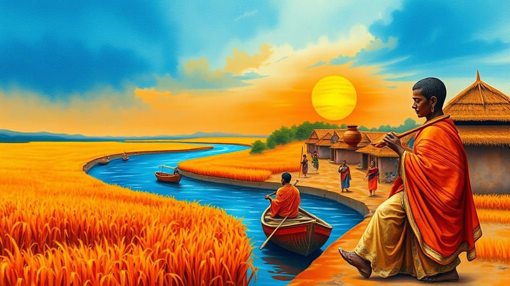 Vibrant Bengali Village Sunset: Oil Painting in Watercolor S...