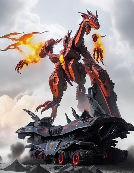 Robotic Black Dragon Mech in Stormy Landscape