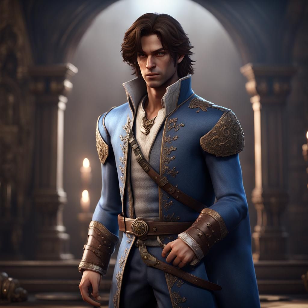 Prince with Brown Hair in Blue Clothes