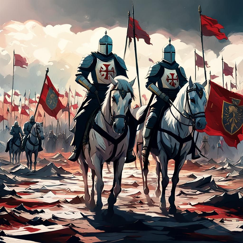 Templar Knights on Battlefield in Anime Style
