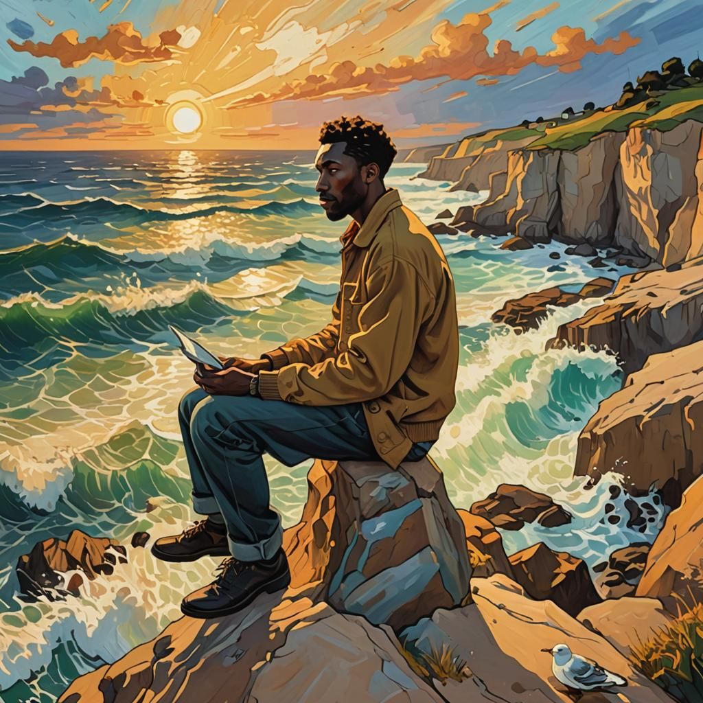Expressionist Painting of Black Man Drawing by Ocean